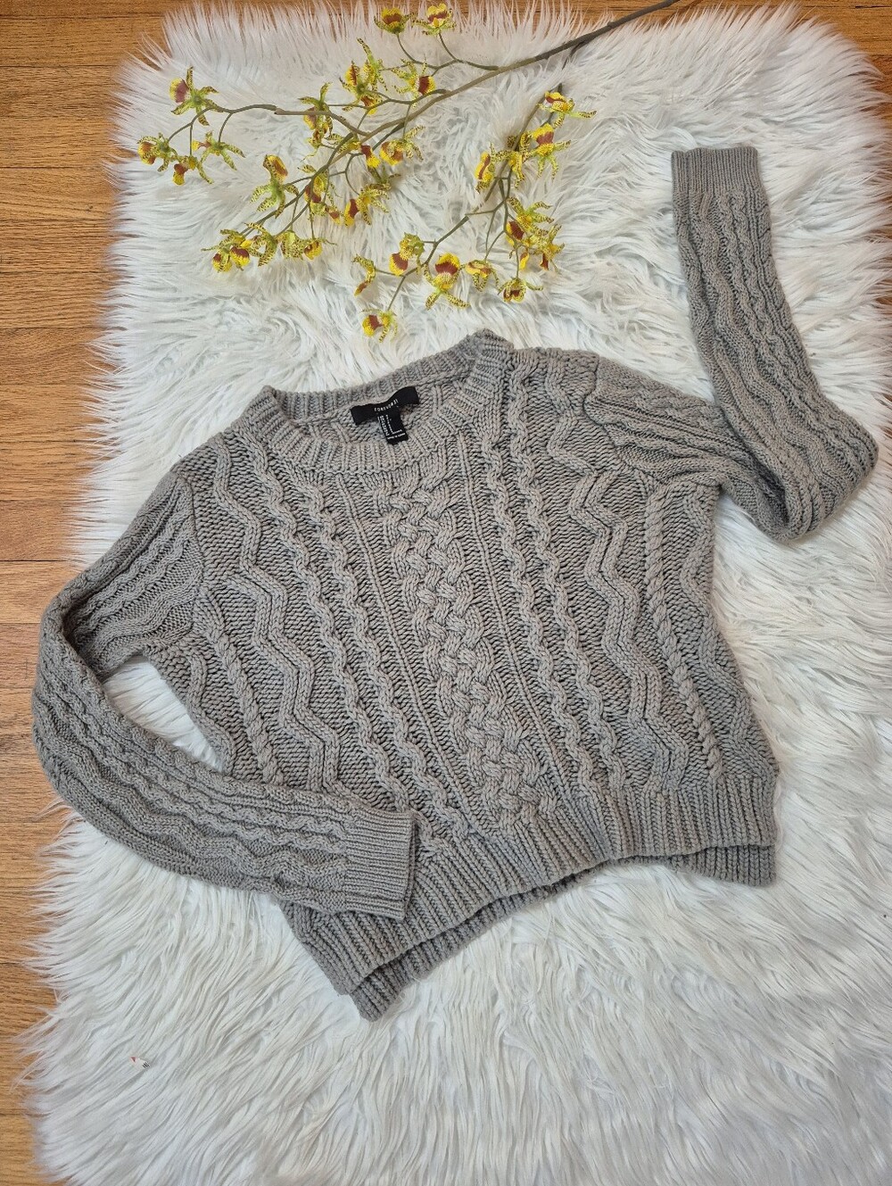 FOREVER 21 Cable Knit Crewneck Sweater - GRAY